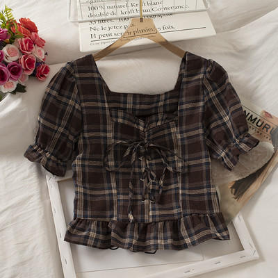 Retro stílusú kockás női ing négyzet alakú nyakkivágással