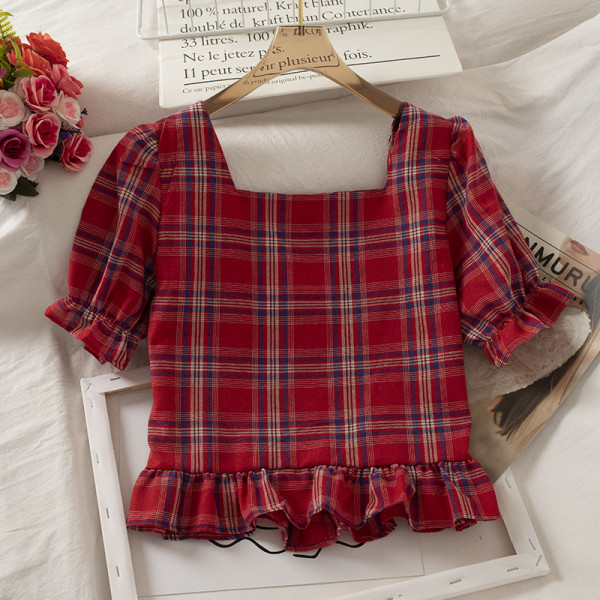 Retro stílusú kockás női ing négyzet alakú nyakkivágással