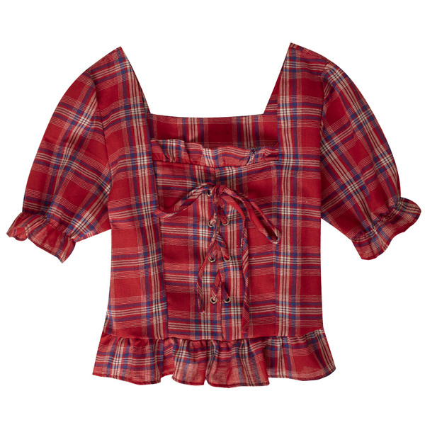 Retro stílusú kockás női ing négyzet alakú nyakkivágással