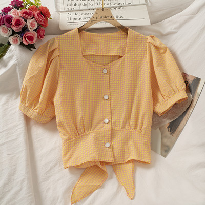 Ruuduline naiste särk kandilise kaelusega ja lipsudega