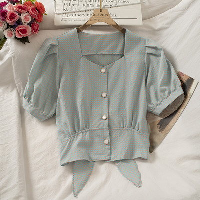 Ruuduline naiste särk kandilise kaelusega ja lipsudega