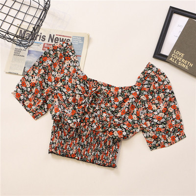 Κοντό γυναικείο πουκάμισο με κορδόνια και μοτίβα λουλουδιών