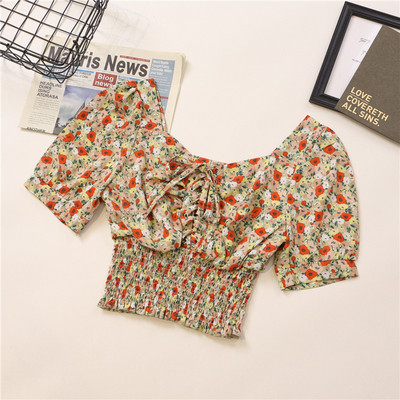 Κοντό γυναικείο πουκάμισο με κορδόνια και μοτίβα λουλουδιών