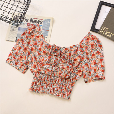 Κοντό γυναικείο πουκάμισο με κορδόνια και μοτίβα λουλουδιών