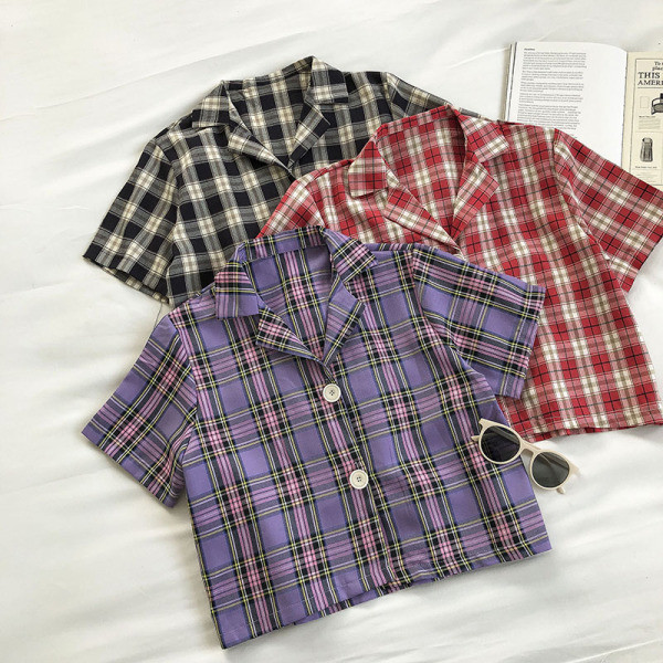 Retro stílusú kockás női ing rövid ujjal