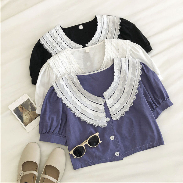 Rövid, retro stílusú női ing csipkével és rövid ujjú