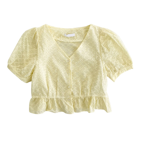 Retro stila sieviešu krekls ar V veida kakla izgriezumu un lokām