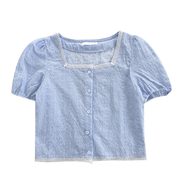 Lühike naiste särk pitsi ja kandilise kaelusega