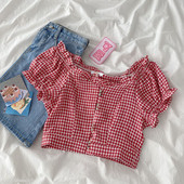 Naiste ruuduline nööpide ja lühikeste varrukatega särk