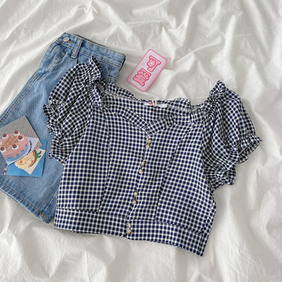 Naiste ruuduline nööpide ja lühikeste varrukatega särk