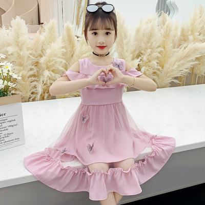 Moodne paljaste õlgade ja 3D liblikatega lastekleit