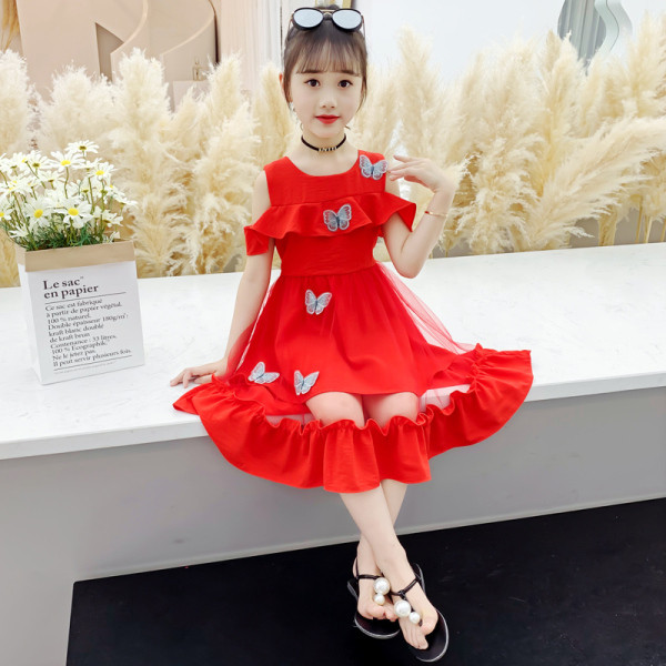 Moodne paljaste õlgade ja 3D liblikatega lastekleit