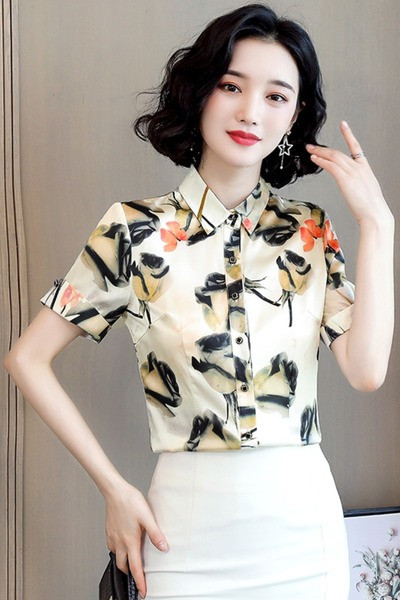 Moodne lillemotiivide ja lühikeste varrukatega naiste särk