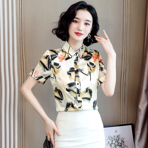 Moodne lillemotiivide ja lühikeste varrukatega naiste särk