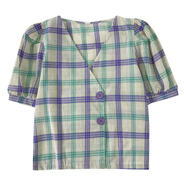 Kockás női ing V-nyakú és rövid ujjú