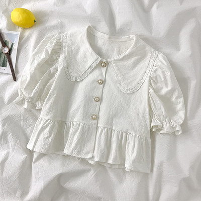 Γυναικείο πουκάμισο ρετρό στυλ με στρογγυλή λαιμόκοψη και κοντά μανίκια