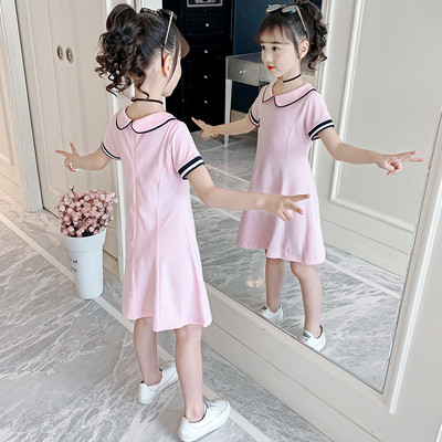 Розова детска рокля с бродерия и яка 