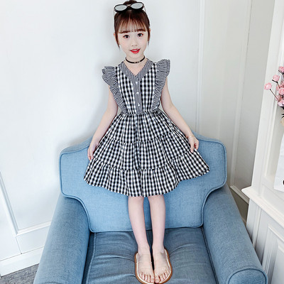 Moderna bērnu rūtainā kleita ar špica kakla izgriezumu