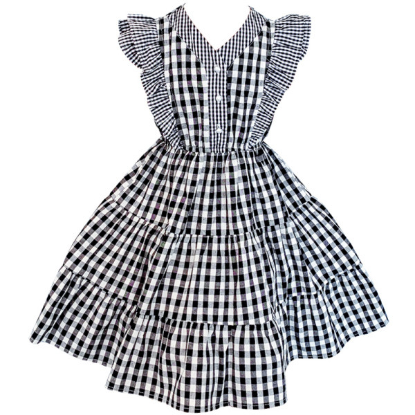 Moderna bērnu rūtainā kleita ar špica kakla izgriezumu