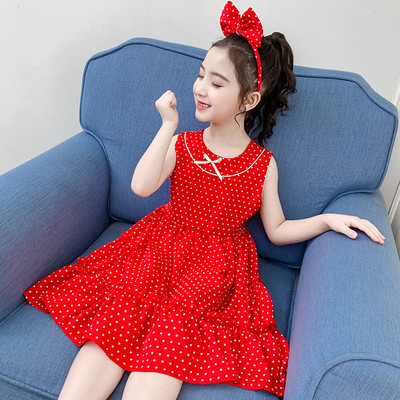 Червена детска рокля на точки с овално деколте и панделка 