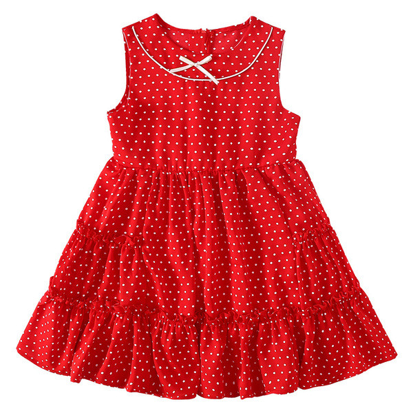Piros pöttyös gyerekruha ovális nyakkivágással és szalaggal