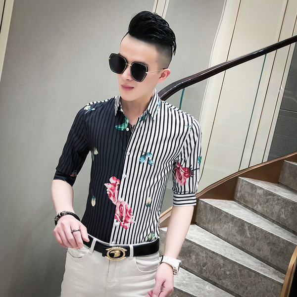 Двуцветна раирана мъжка риза с 3/4 ръкав и флорални мотиви