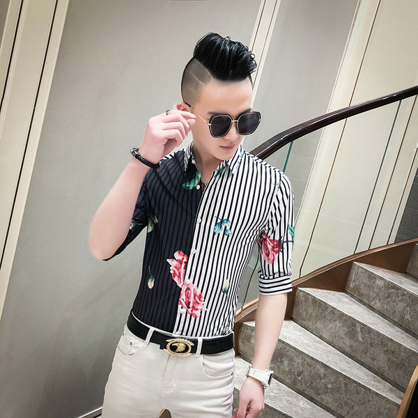 Двуцветна раирана мъжка риза с 3/4 ръкав и флорални мотиви