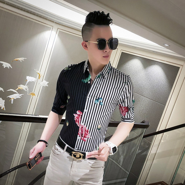 Двуцветна раирана мъжка риза с 3/4 ръкав и флорални мотиви