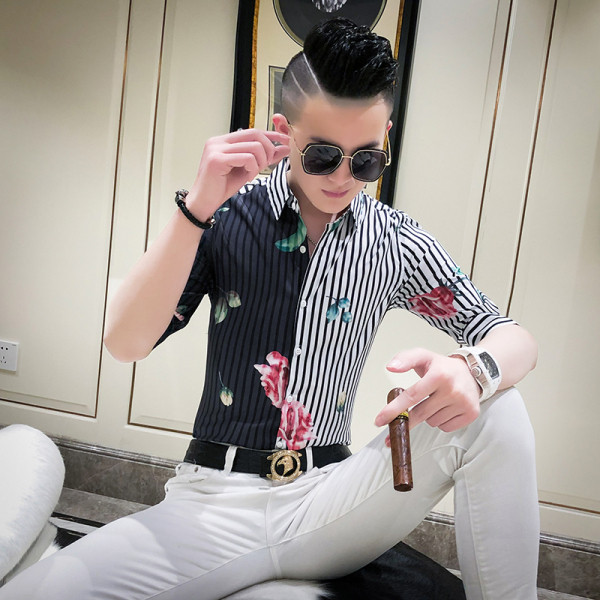 Двуцветна раирана мъжка риза с 3/4 ръкав и флорални мотиви