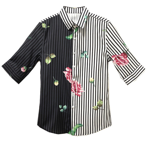 Двуцветна раирана мъжка риза с 3/4 ръкав и флорални мотиви