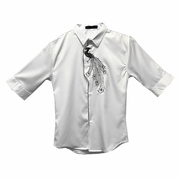 Вталена мъжка риза с 3/4 ръкав и бродерия