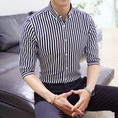 Стилна мъжка раирана риза с класическа яка и 3/4 ръкав