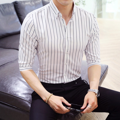 Стилна мъжка раирана риза с класическа яка и 3/4 ръкав