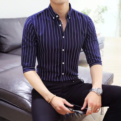 Стилна мъжка раирана риза с класическа яка и 3/4 ръкав