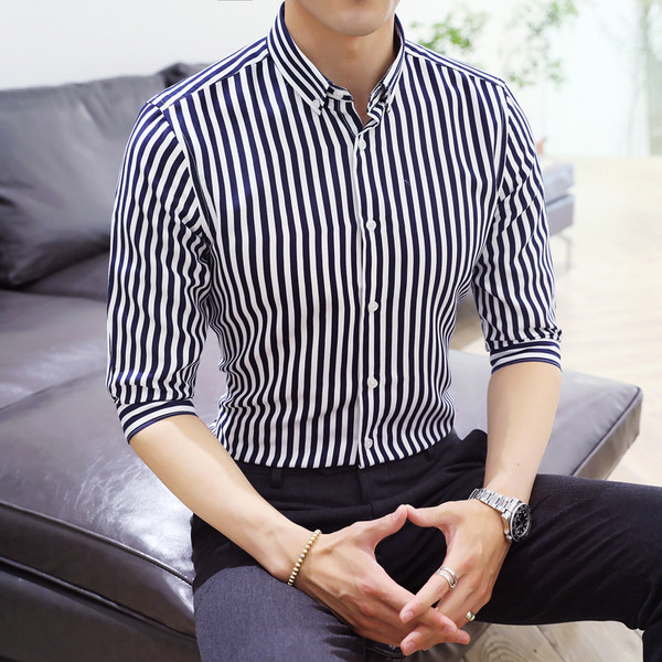 Стилна мъжка раирана риза с класическа яка и 3/4 ръкав