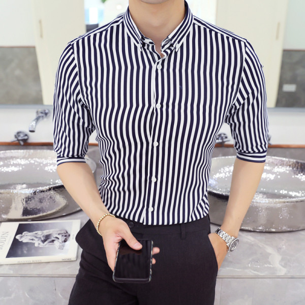 Стилна мъжка раирана риза с класическа яка и 3/4 ръкав