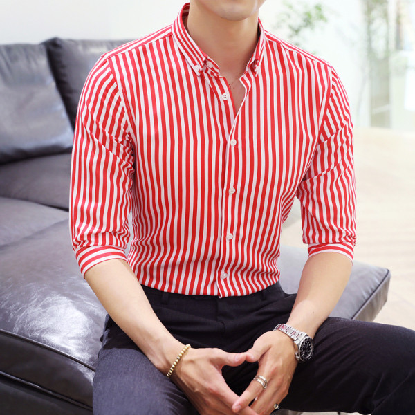 Стилна мъжка раирана риза с класическа яка и 3/4 ръкав