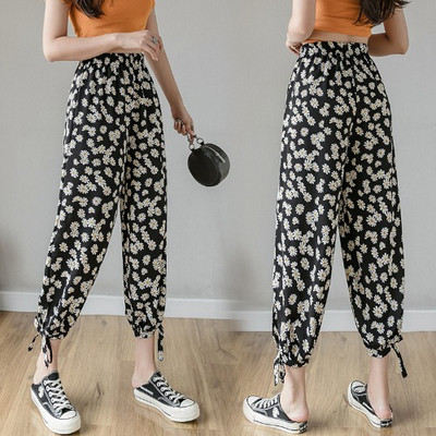 Дамски ежедневен панталон с ластична талия на цветя 