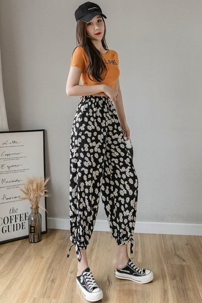 Дамски ежедневен панталон с ластична талия на цветя 