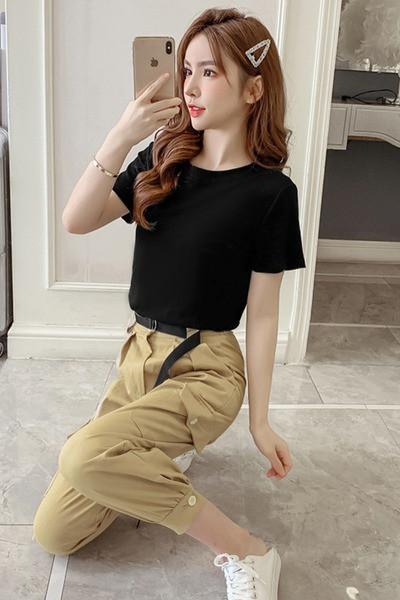 Дамски ежедневен панталон с джобове и висока талия в бежов цвят