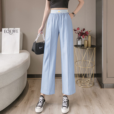 Moteriškos ilgos kelnės aukštu elastiniu juosmeniu ir kišenėmis