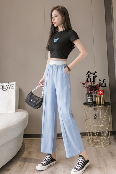 Дамски дълъг панталон с висока ластична талия и джобове