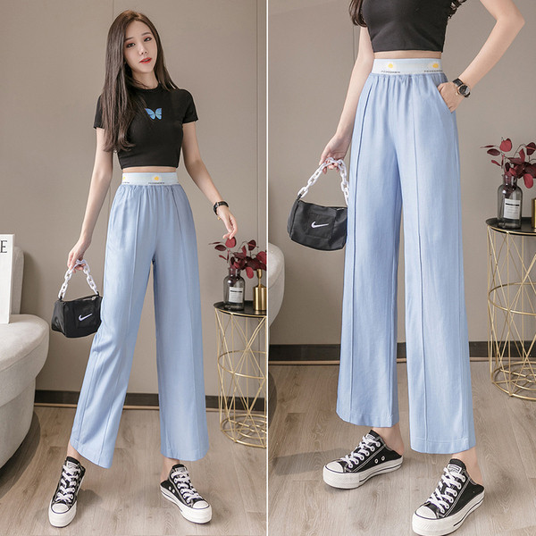 Дамски дълъг панталон с висока ластична талия и джобове