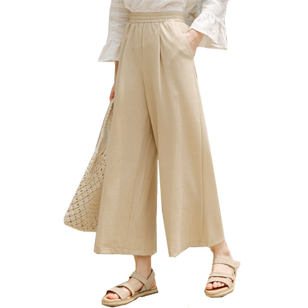 Дамски панталон с ластична талия и джобове в бежов и черен цвят