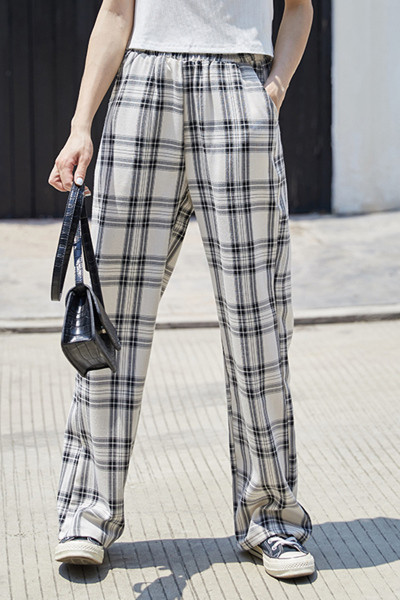 Дамски кариран панталон с джобове и стандартна талия