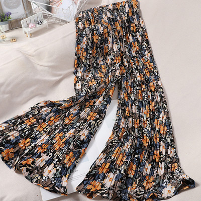 Ženske plisirane hlače s elastičnim strukom i cvjetnim uzorkom