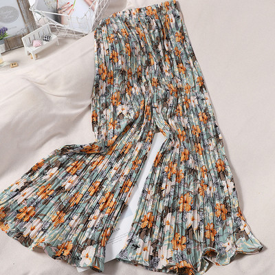 Ženske plisirane hlače s elastičnim strukom i cvjetnim uzorkom