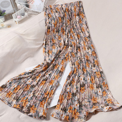 Ženske plisirane hlače s elastičnim strukom i cvjetnim uzorkom