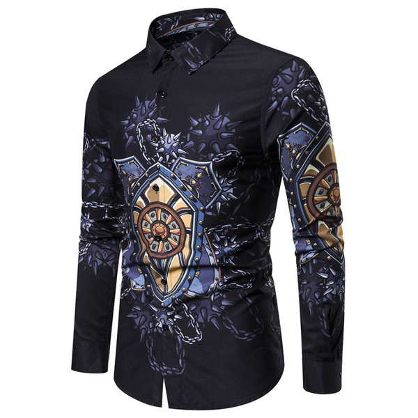 Модерна мъжка риза с цветна щампа и дълъг ръкав