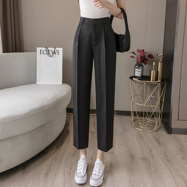 Ежедневни дамски панталони прав модел с висока талия и джобове